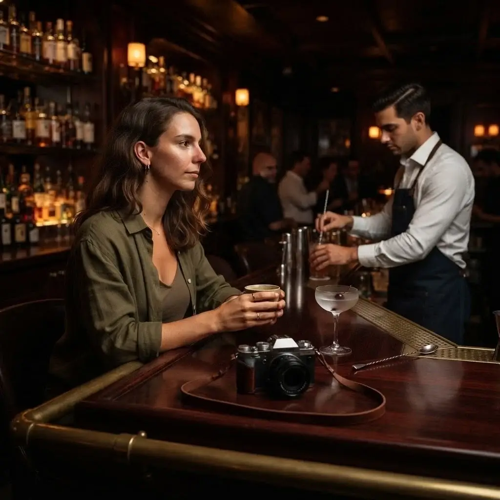 A solo traveler sitting at a sleek, high-end cocktail bar in New York City’s West Village, watching the bartender mix a drink with a professional vintage camera on the bar.