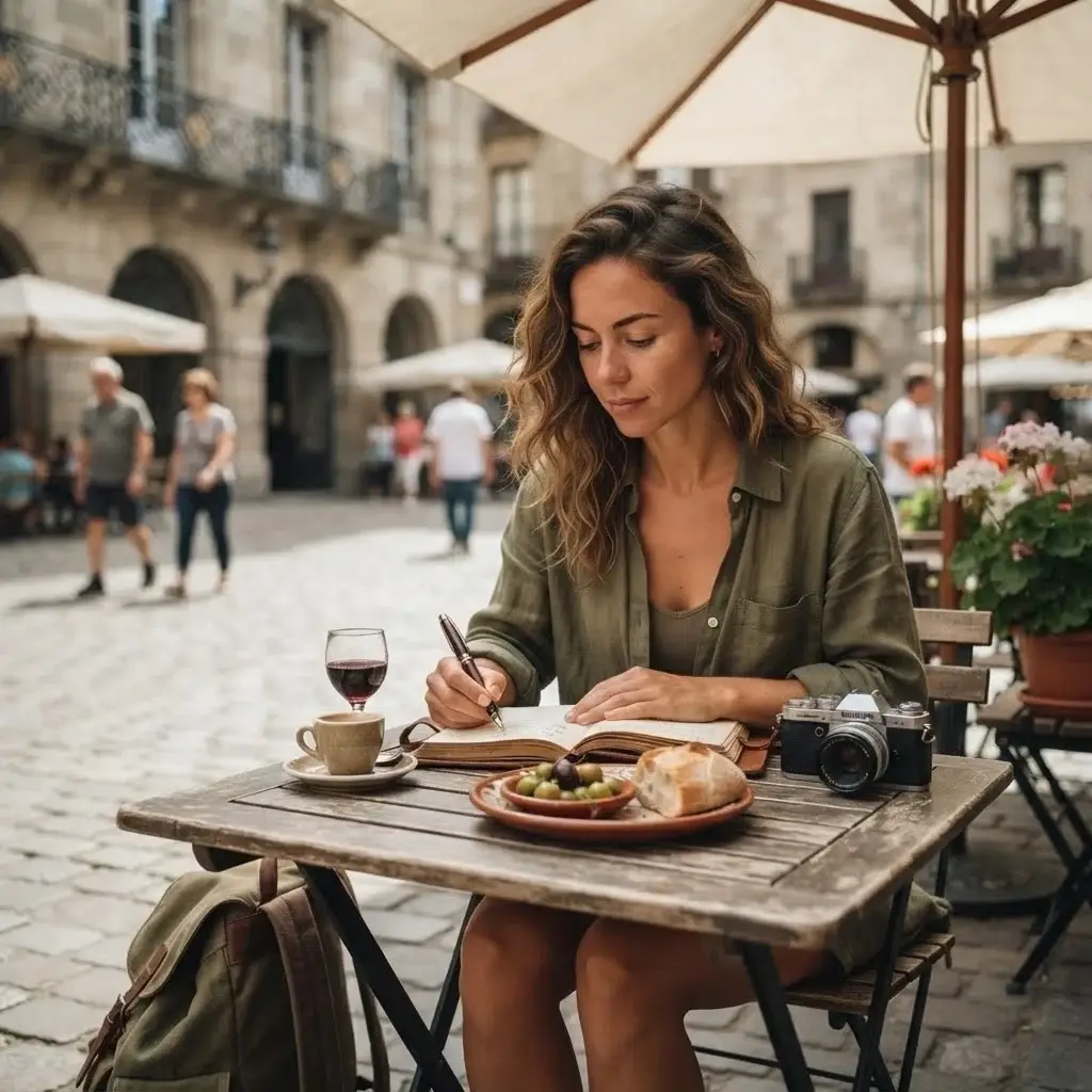 A solo female traveler sitting at a small, shaded outdoor wooden table in a European-style city cafe, journaling with a glass of sparkling water and a fresh salad nearby.