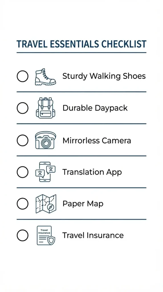  A clean, vertical checklist of essential items for a solo traveler visiting French vineyards, including footwear, gear, and documents.