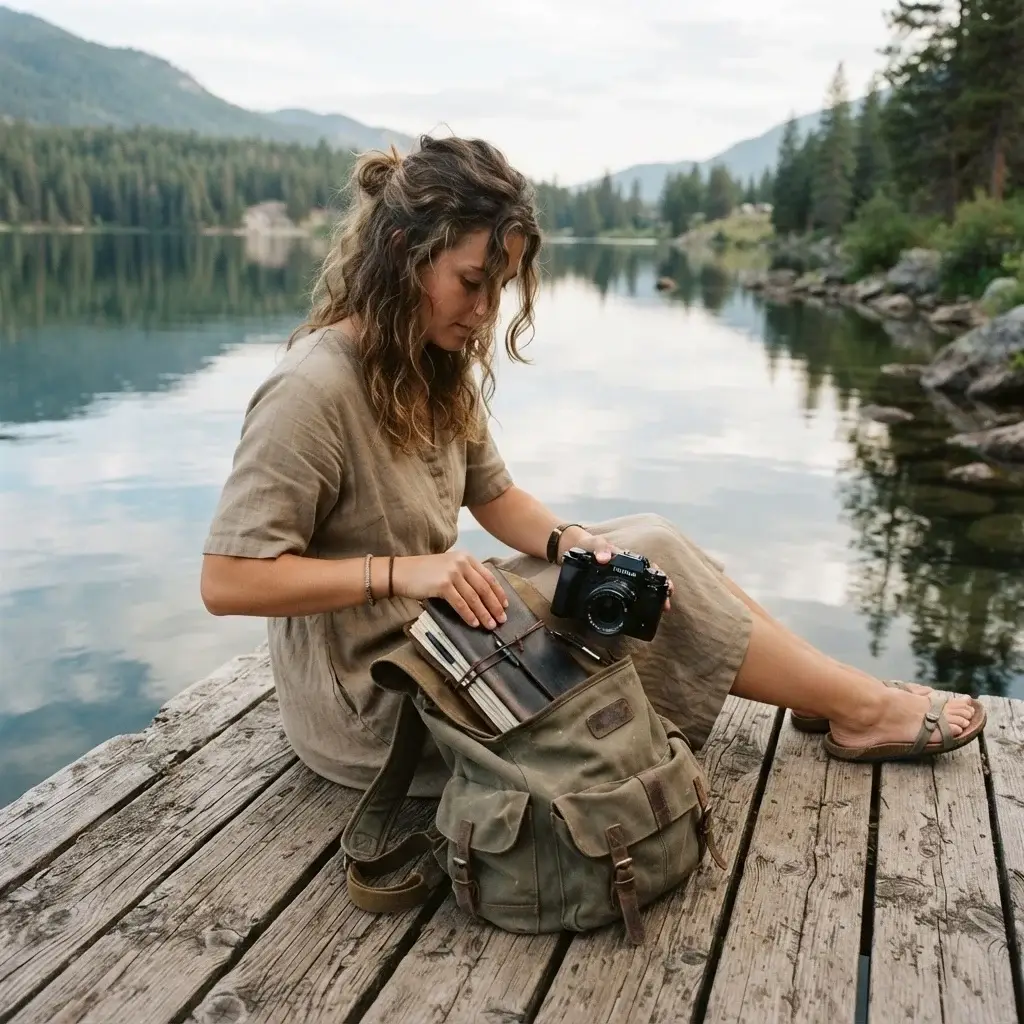 Emma Collins sitting on a wooden dock by a quiet lake, organizing her mirrorless camera and a journal into her daypack, wearing comfortable linen travel clothes.