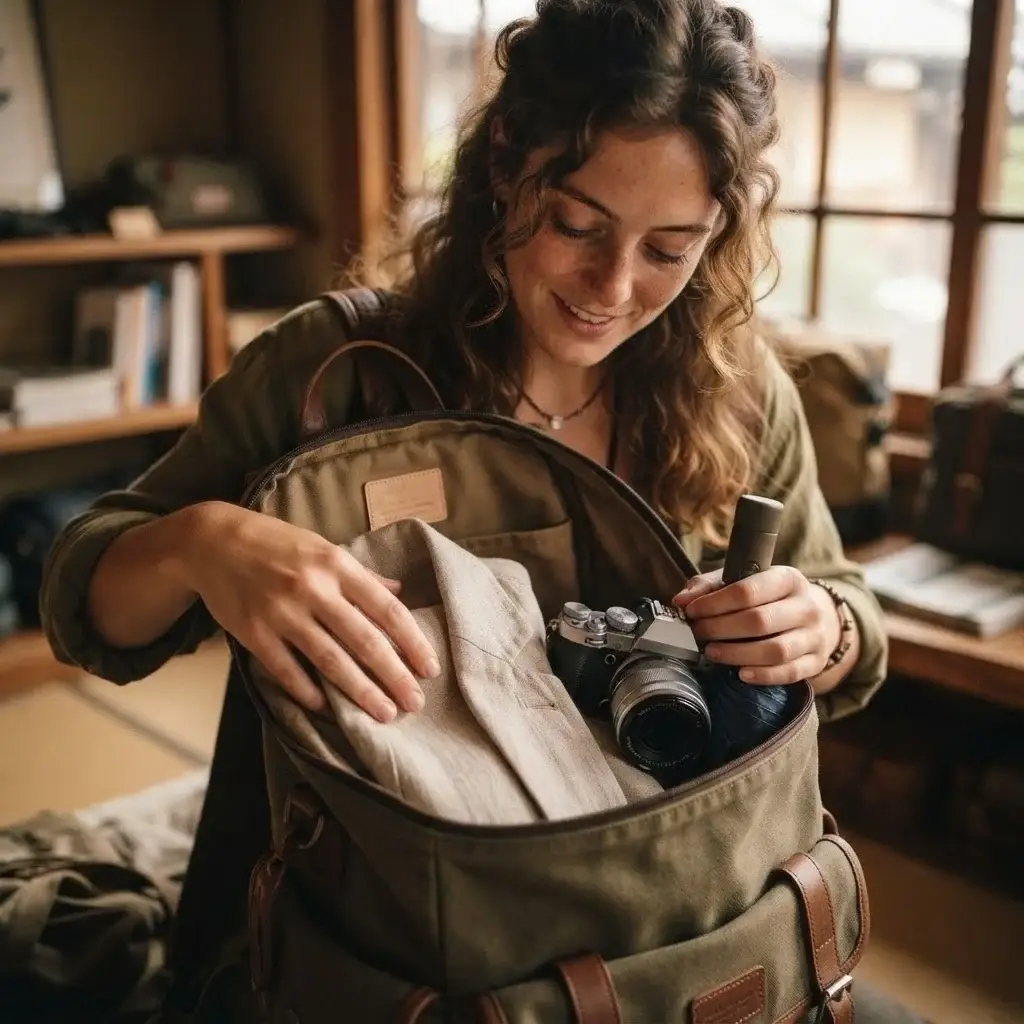 A close-up shot of a solo traveler organizing her backpack, packing layers and a camera, ready for a spring adventure in a new city.