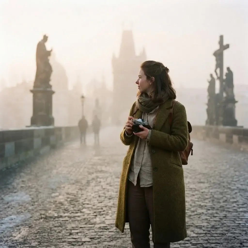 A candid shot of a young female traveler wearing earthy-toned winter clothes standing on the Charles Bridge in Prague, with gothic statues and morning mist in the background.