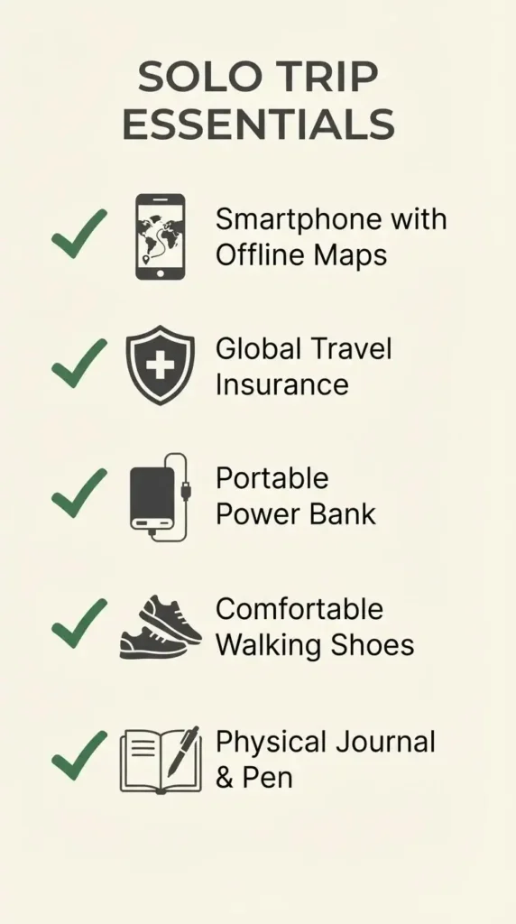 A minimalist vertical checklist for solo travelers, featuring essential items like offline maps, travel insurance, a portable power bank, and comfortable walking shoes.