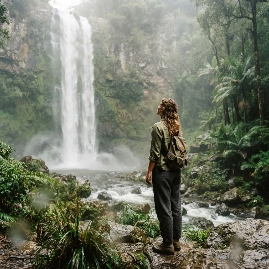 A solo traveler standing in awe before the cascading Purling Brook Falls in the Gold Coast Hinterland, surrounded by lush tropical rainforest.