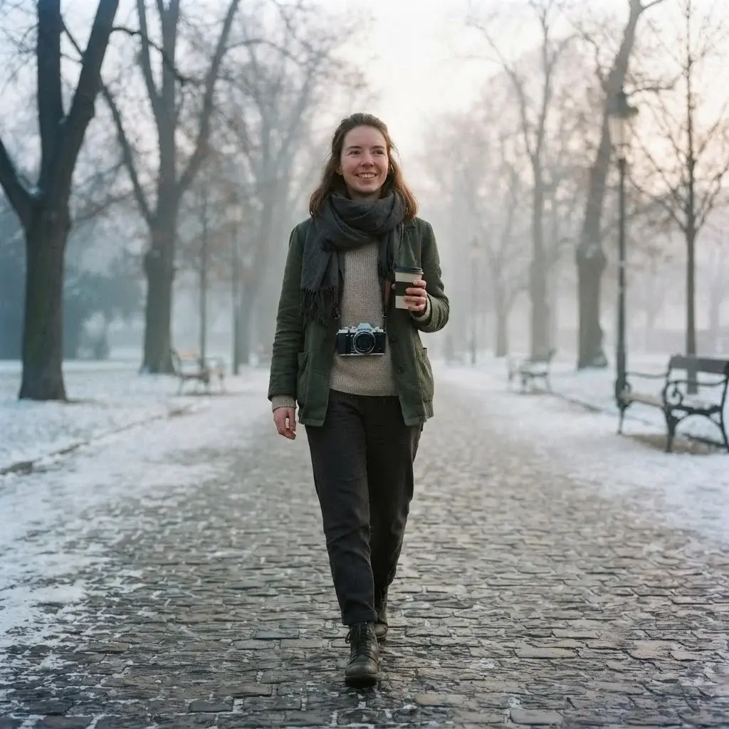 A young woman with brown hair in casual linen winter layers walking peacefully through a snow-covered, quiet city park during a soft morning, holding a mirrorless camera.