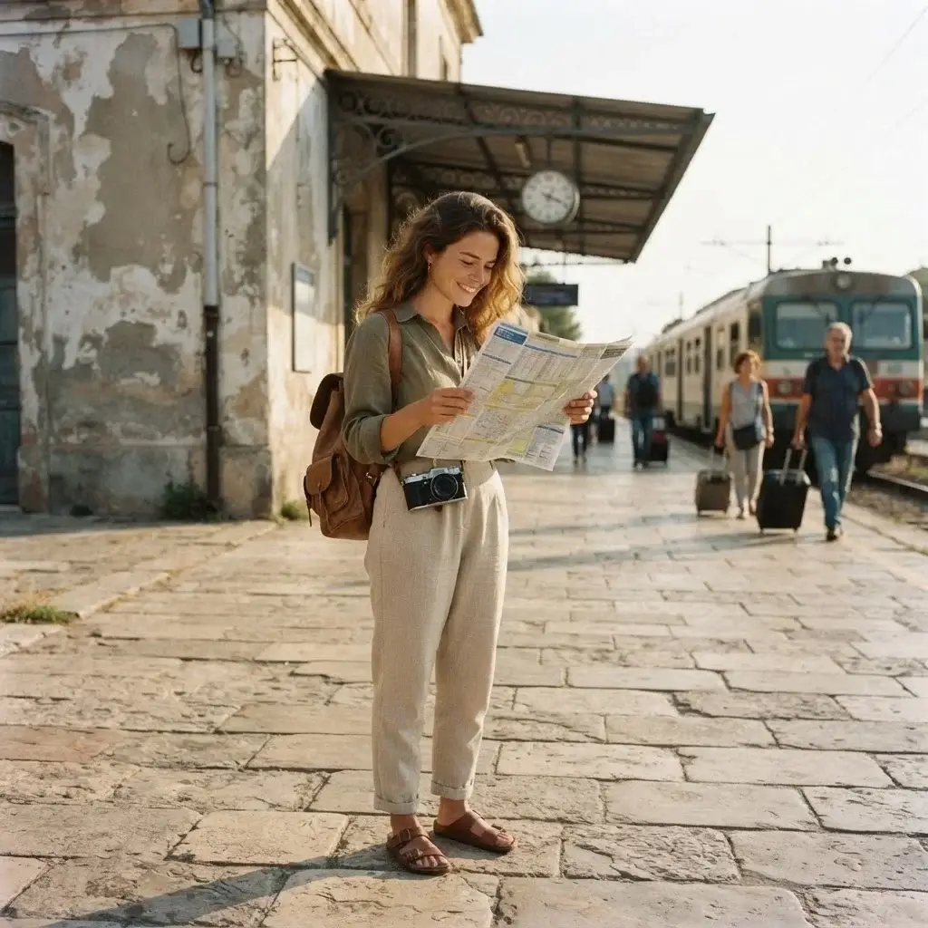 A traveler looking at a paper transport schedule at a sunny European train station, wearing practical travel gear and a mirrorless camera, demonstrating self-sufficiency.