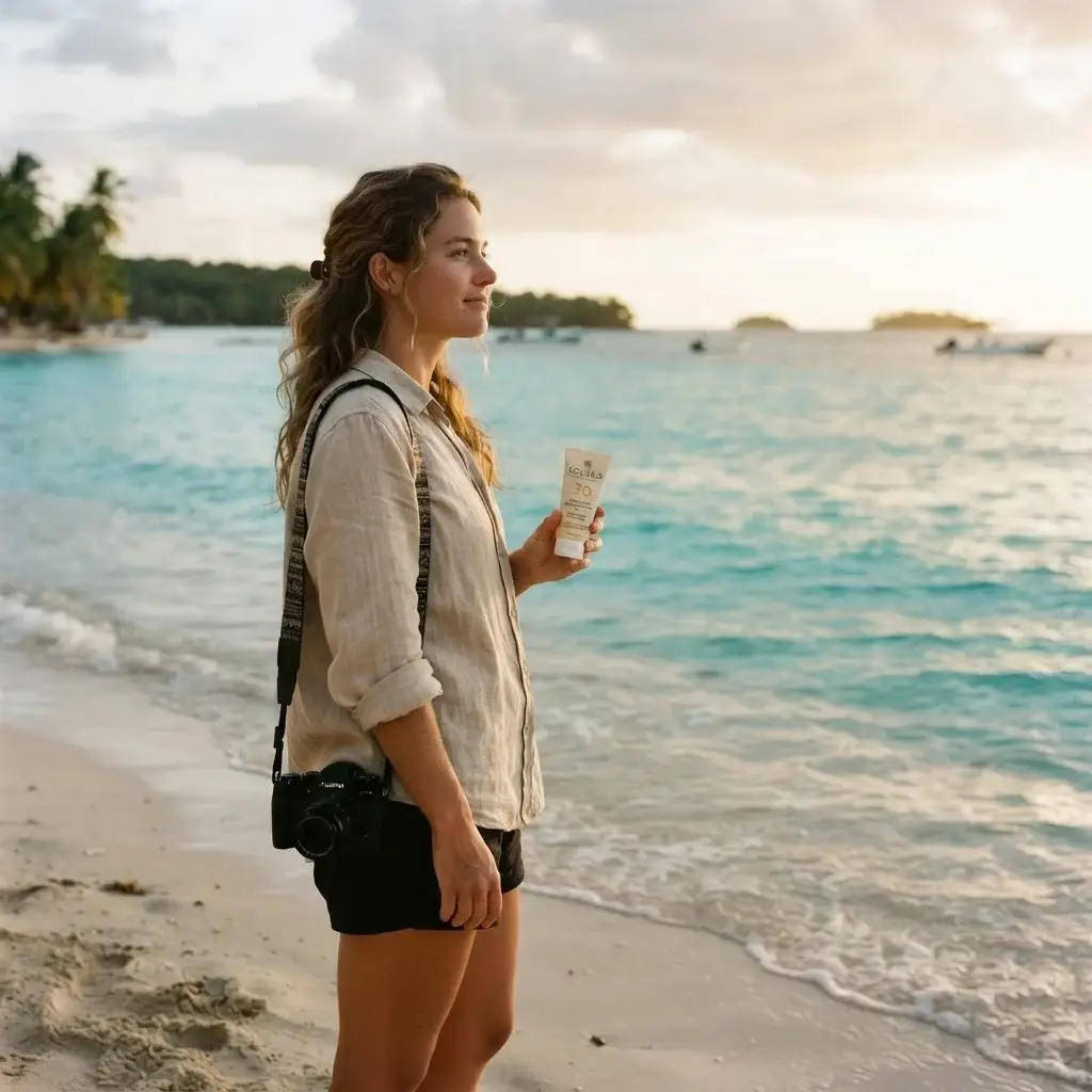 A natural eye-level photograph of Emma Collins holding an eco-friendly mineral sunscreen stick while standing on a beautiful, pristine tropical beach with crystal-clear turquoise water in the background.
