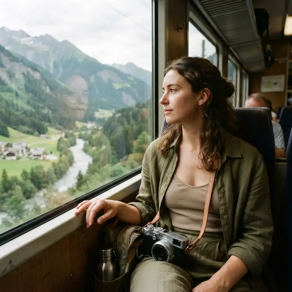 Solo female traveler looking out the window of a small regional train climbing through a green Alpine valley