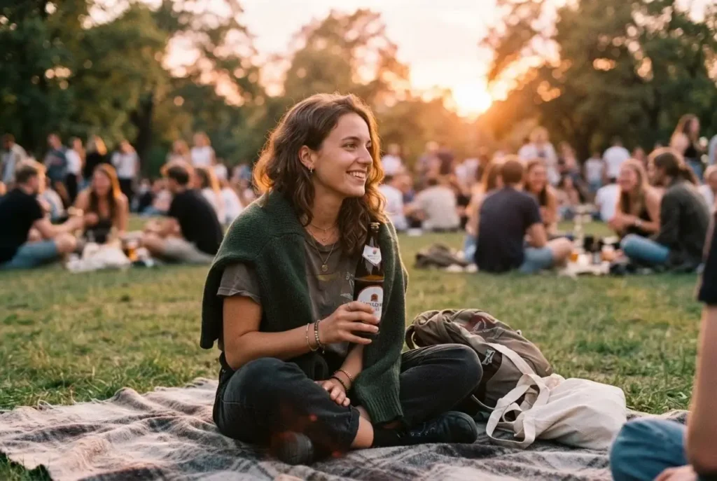 A young woman with brown hair sitting on a grassy bank in Clara-Zetkin Park, Leipzig, holding a drink with a blurred urban sunset background.
