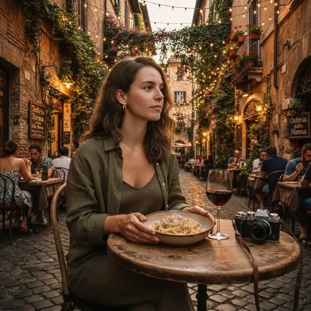 A young female traveler with a vintage mirrorless camera resting on a small outdoor cafe table in Trastevere, Rome, with a glass of house red wine and a plate of Cacio e Pepe.