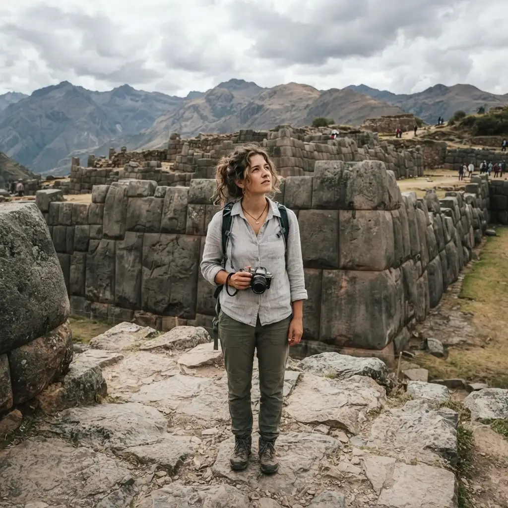 A solo traveler with a mirrorless camera looking up at the massive stone walls of the Sacsayhuamán ruins in Cusco, Peru.