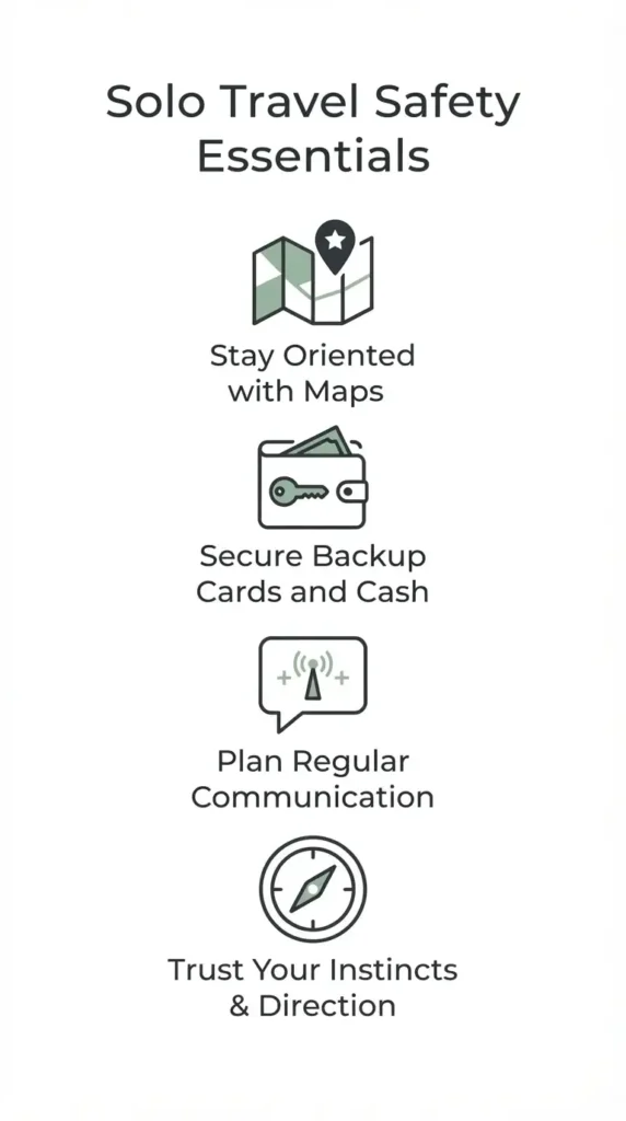 A minimalist checklist infographic for solo travelers, featuring essential safety tips like keeping emergency contacts, secure money storage, and insurance.