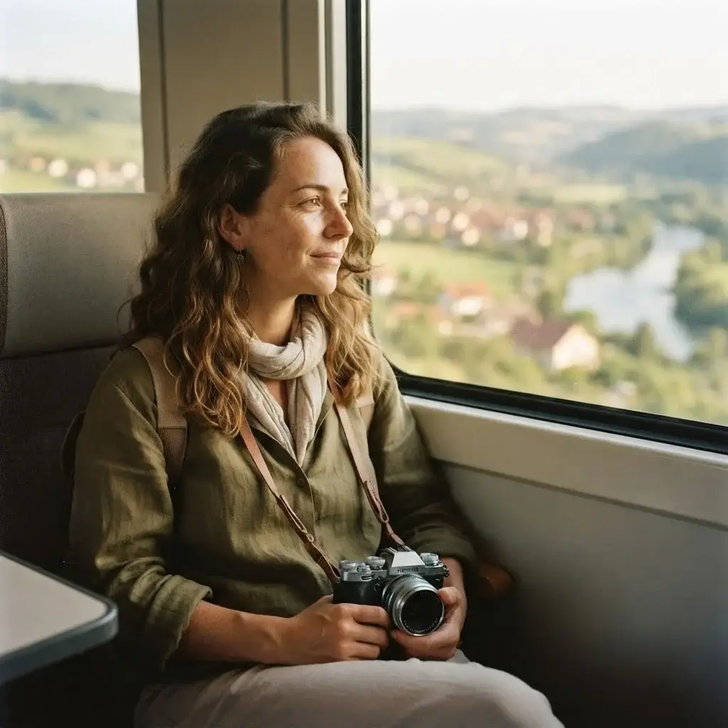 Emma Collins sitting by a large window on a European train, looking out at passing lush green countryside with a calm expression, holding a classic mirrorless camera.