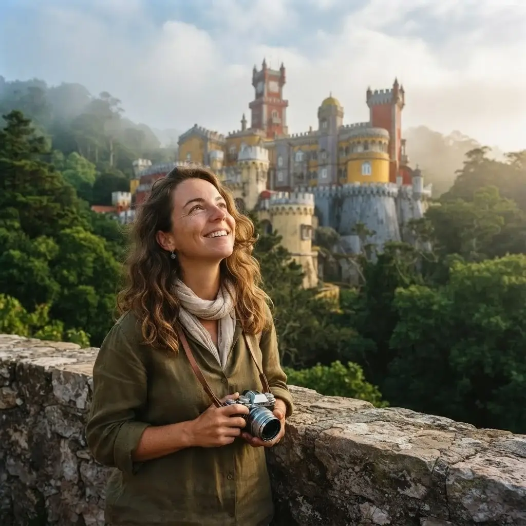 A solo female traveler admiring the colorful architecture of Pena Palace in Sintra, Portugal, surrounded by lush forest greenery.