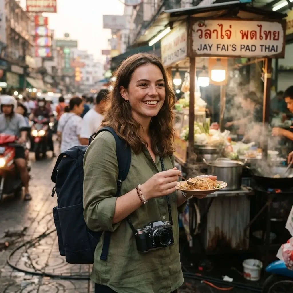 A candid eye-level photograph of Emma Collins, a 20-something female traveler with natural brown hair wearing an earthy linen top, carrying her streamlined travel backpack while holding a plate of fresh street food at a lively open-air market stall in Bangkok.