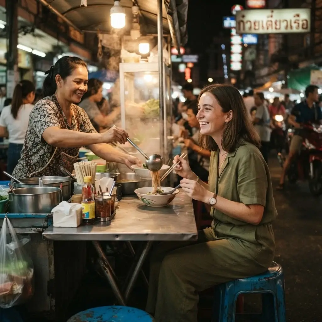 A candid shot of a young female traveler sitting on a plastic stool at an open-air Southeast Asian street food market stall, smiling as she is served a fresh noodle dish.