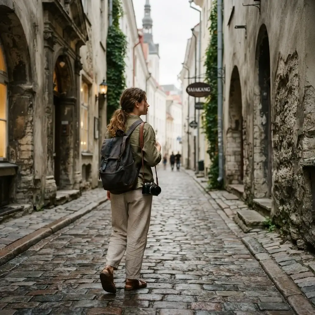 A young solo traveler with a camera walking down a charming, narrow medieval cobblestone alleyway in Tallinn Old Town with historic stone walls on both sides.