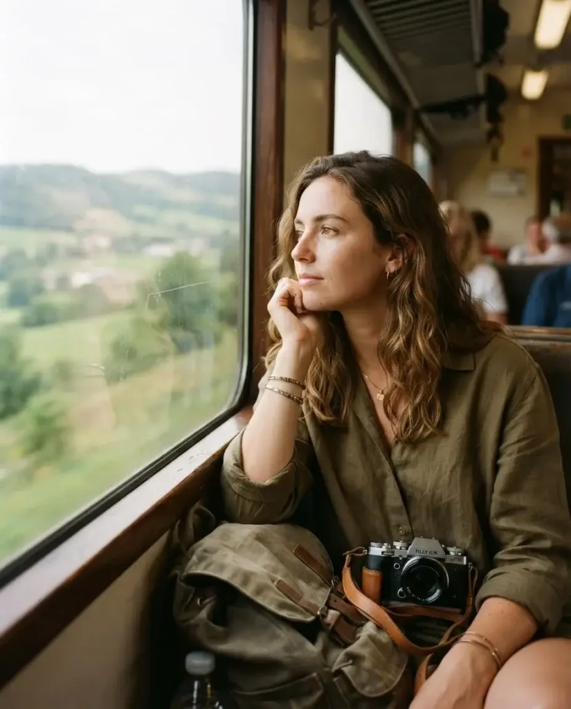 Young woman solo traveler looking out a train window at green European countryside on the way to a nature retreat