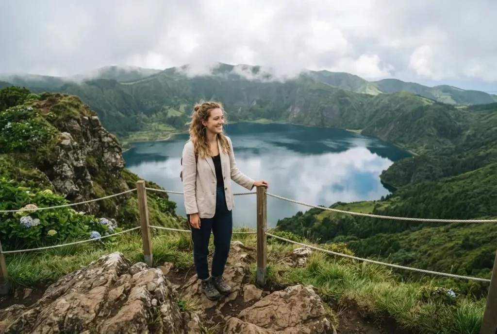 A female traveler overlooking a vibrant blue volcanic crater lake in the Azores, surrounded by green hills and misty clouds.