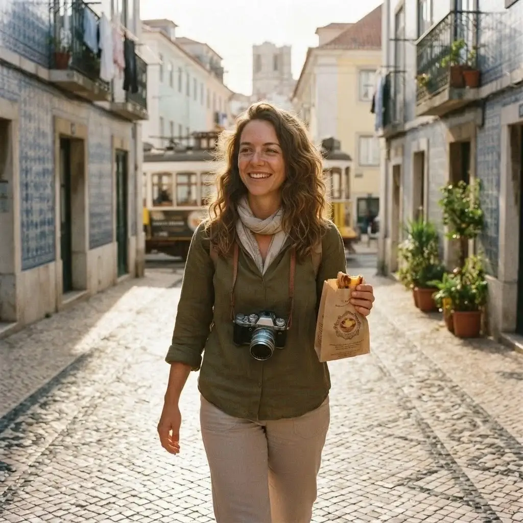 A female traveler with a mirrorless camera walking through the tiled streets of Lisbon, Portugal, holding a paper bag of fresh pastéis de nata.
