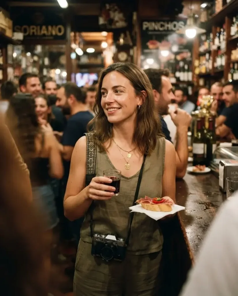 Solo female traveler enjoying a glass of red wine at a lively tapas bar on Calle Laurel in Logroño, Rioja, Spain