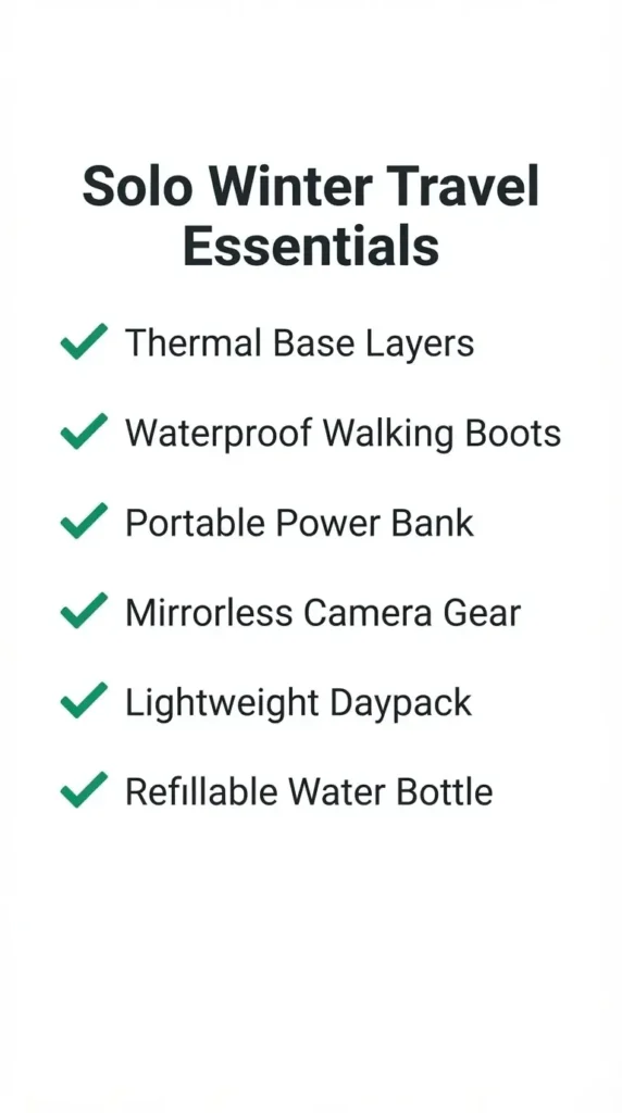 A flat, clean 9:16 checklist for winter travel, including items like thermal layers, waterproof boots, portable charger, and camera gear.