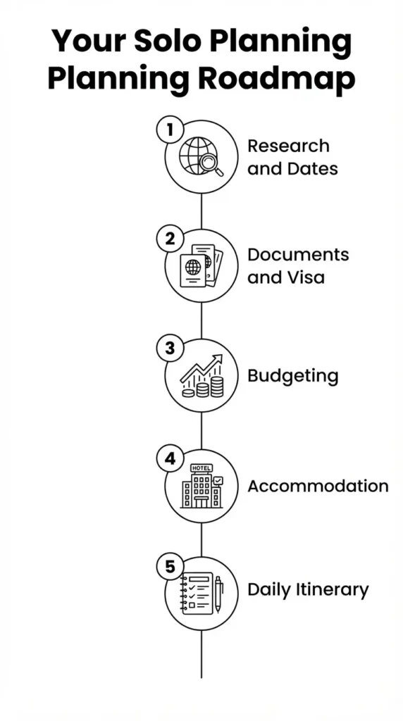 A vertical step-by-step planning roadmap for solo European travelers, from research and documents to booking and itinerary.