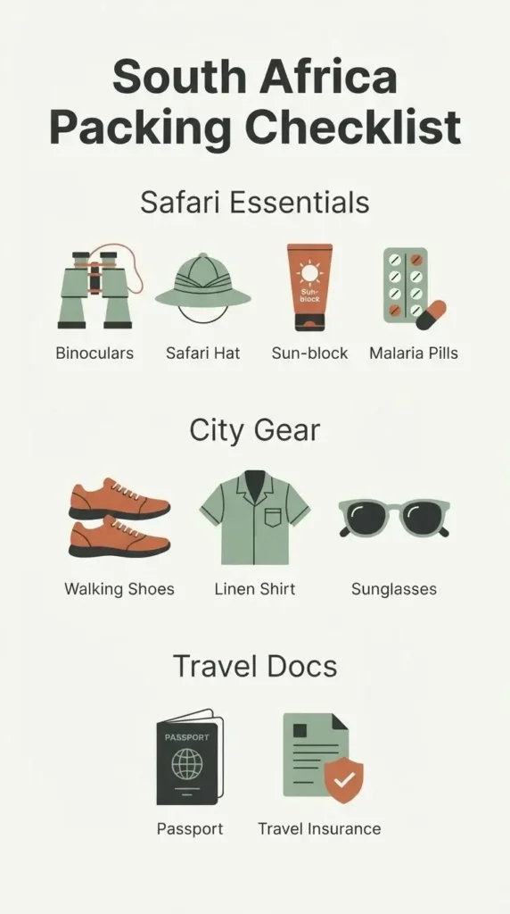 A clean checklist infographic showing essential items for a South Africa city and safari trip, including camera gear, malaria pills, and neutral clothing.