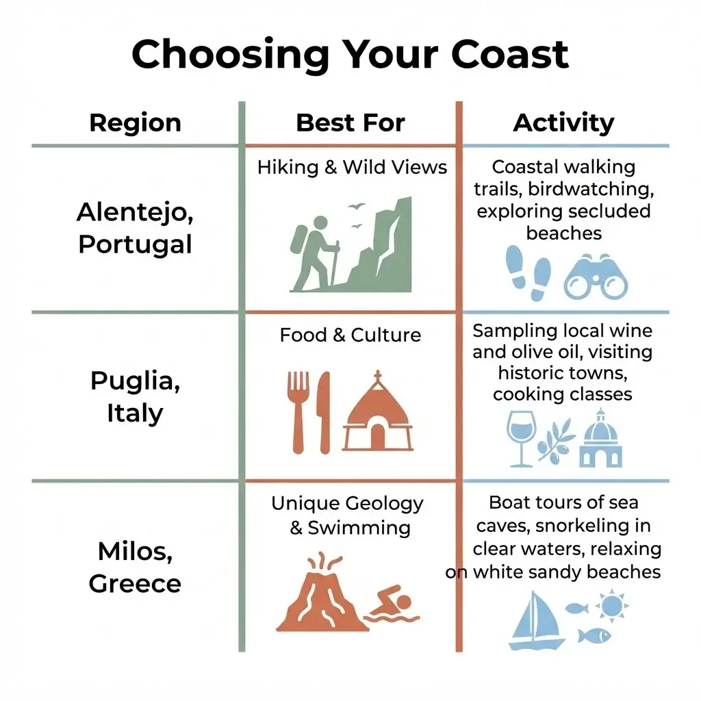 A comparison table infographic detailing the travel vibes, typical water temperatures, and main activities for coastal regions in Portugal, Puglia, and Greece.