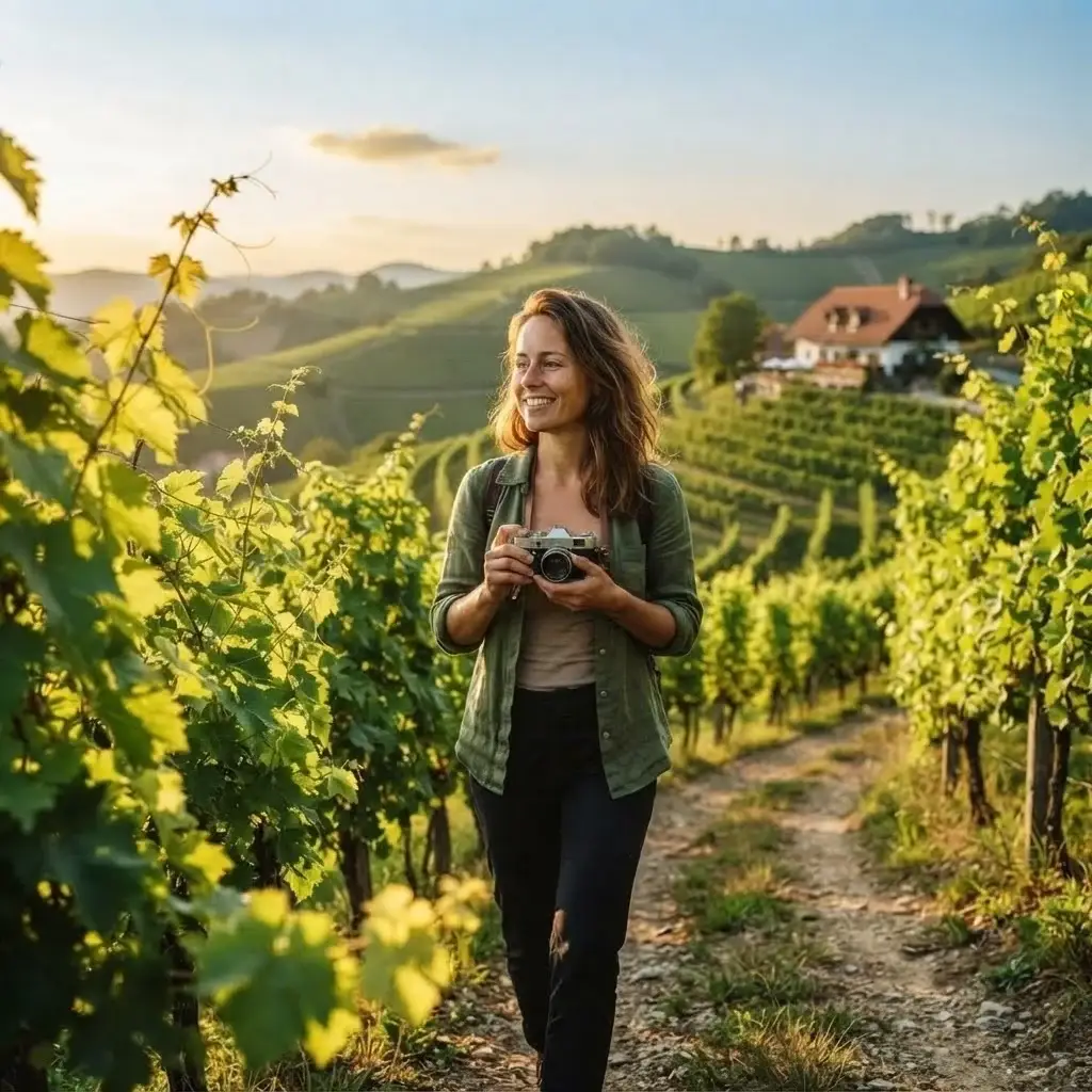 Candid shot of a young solo traveler carrying a camera, walking through a lush, rolling vineyard in Southern Styria, Austria, with distant hills in the background during golden hour.