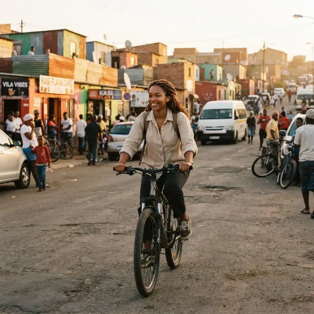 Emma Collins on a guided bicycle tour in Soweto, South Africa, engaging with local community life, candid street photography style.