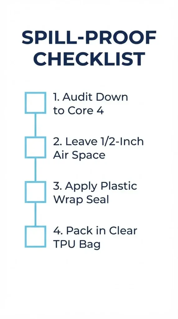 A sleek 9:16 vertical smartphone-optimized vector layout displaying a step-by-step checklist for packing leak-proof skincare products.