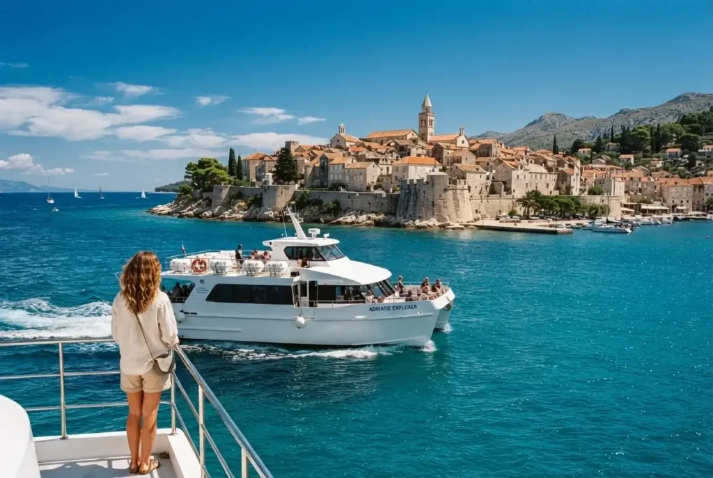 Fast catamaran approaching a walled island town on the blue Adriatic coast between Split and Dubrovnik, Croatia