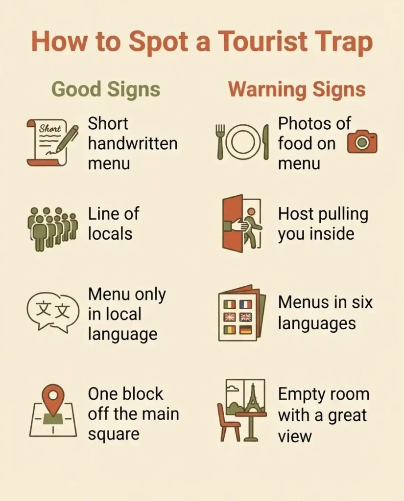 Flat vector checklist infographic showing how to spot a tourist trap versus a local restaurant in Europe