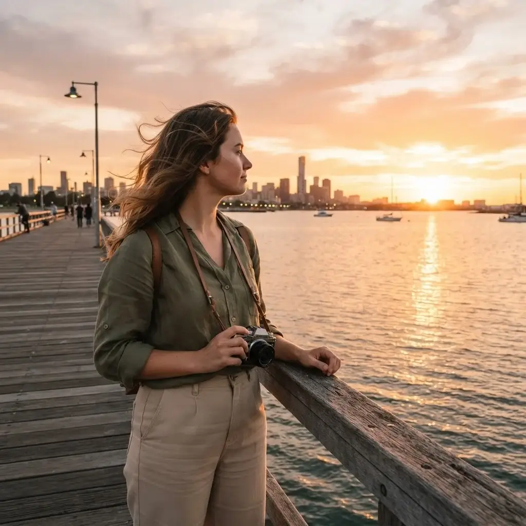A young woman in a casual linen shirt standing on St Kilda Pier in Melbourne at sunset holding a mirrorless camera and looking out at the calm ocean.