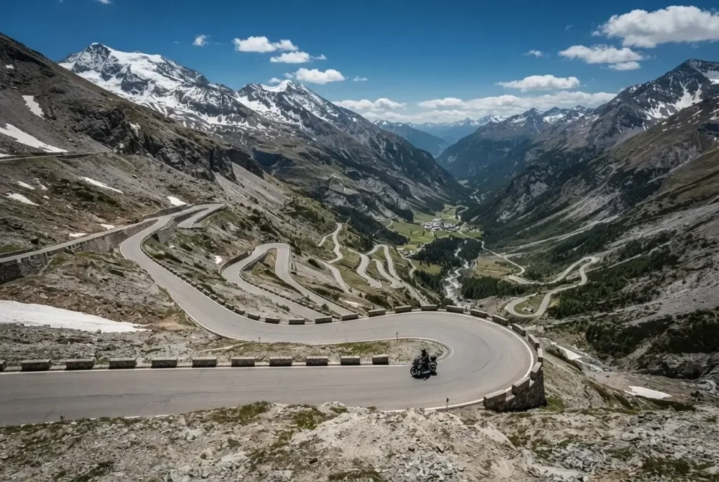 Winding hairpin switchbacks of the Stelvio Pass with a motorcyclist descending, Italian Alps