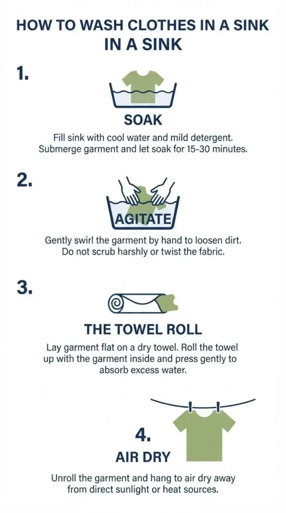 A step-by-step sequential infographic guide explaining how to hand wash travel clothes in a hotel sink using 4 distinct linear vector panels.