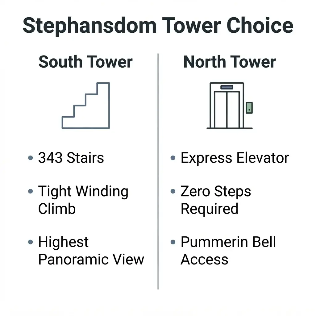A minimalist vector 1:1 comparison matrix table contrasting the physical demands, access methods, and scenic highlights of the South Tower versus the North Tower at St. Stephen's Cathedral in Vienna.