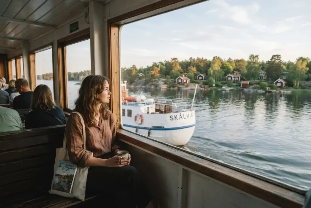 Wooden commuter ferry passing forested islands and red summer cottages in the Stockholm archipelago, Sweden