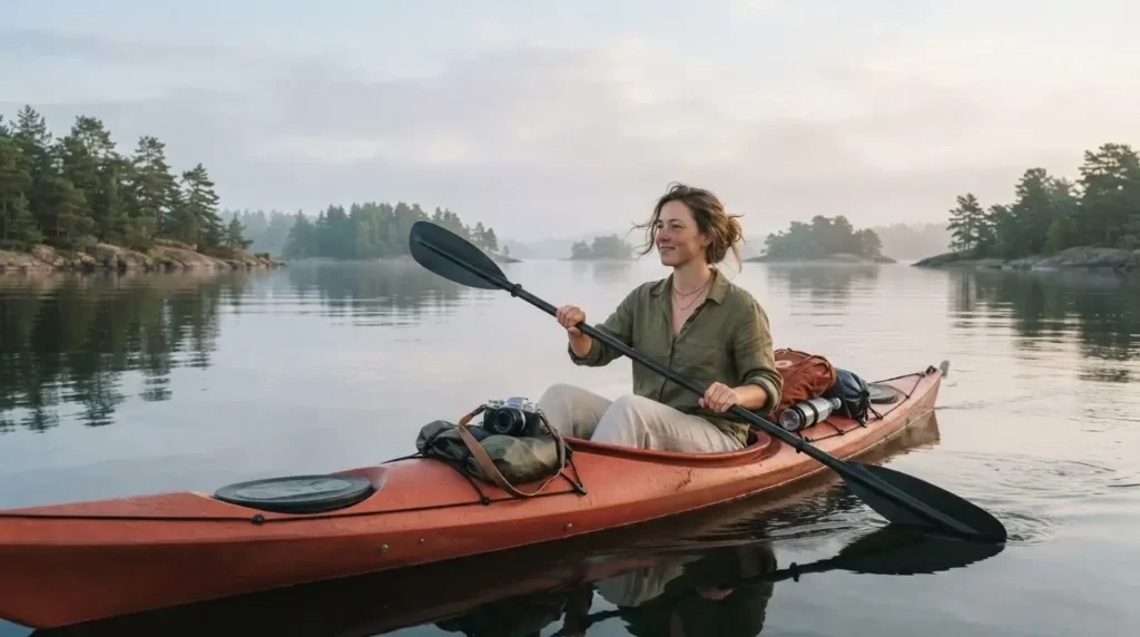 Solo traveler kayaking calmly through the Stockholm archipelago's thousands of small islands in soft morning light.
