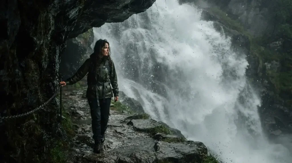 A natural portrait of a young woman adventurer walking behind the Storsæterfossen waterfall, capturing the mist and powerful rocky cave environment.