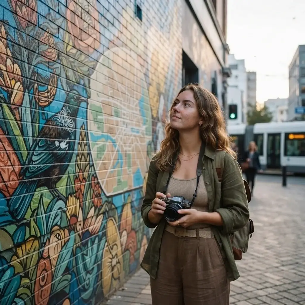 A solo traveler with a camera examining vibrant modern street art murals in the central city of Christchurch, showcasing the city's artistic resilience.