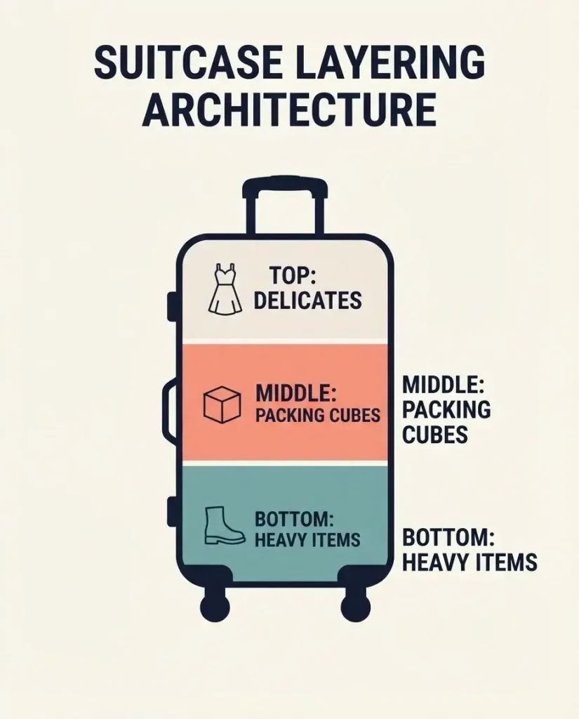 A 4:5 vertical infographic diagram demonstrating how to correctly layer a suitcase with heavy items at the bottom near the wheels, packing cubes in the middle, and delicate clothing on top.