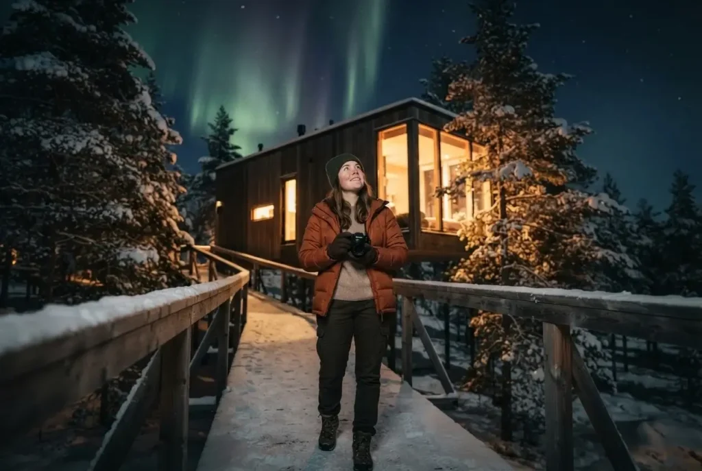 Design-forward treehouse eco-lodge suspended in a snowy forest under the northern lights in Swedish Lapland, with a solo traveler watching from a walkway