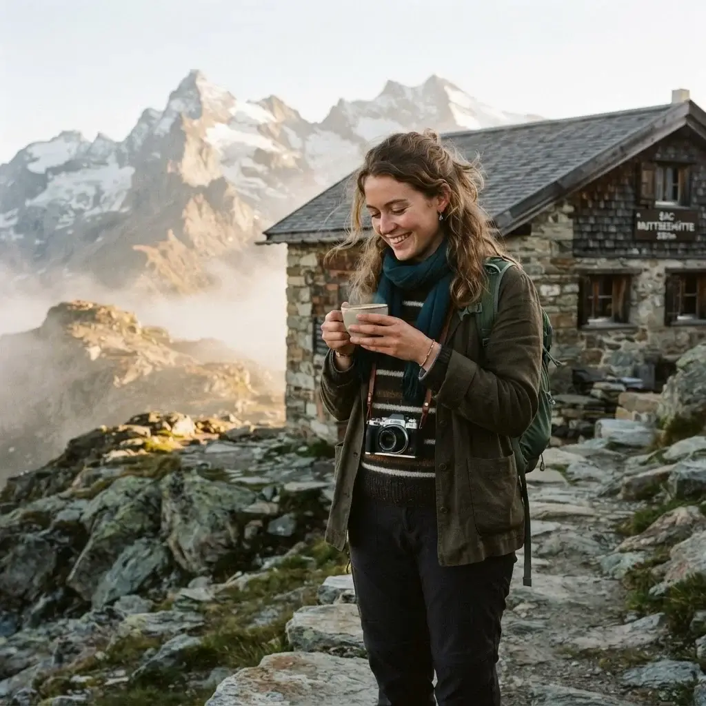 Solo hiker with a mirrorless camera outside a Swiss Alpine Club mountain hut at sunrise high in the Alps
