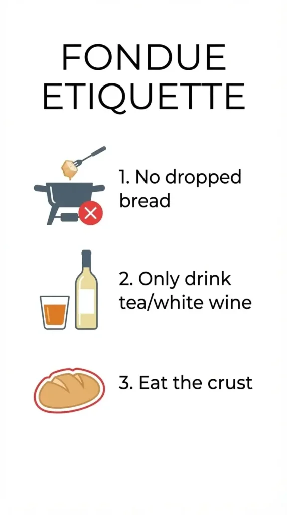 A vertical checklist infographic illustrating the cultural etiquette and traditions of eating Swiss cheese fondue.