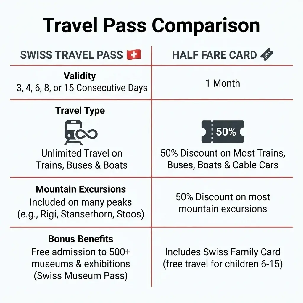 A comparison table showing the differences between the Swiss Travel Pass and the Swiss Half Fare Card for travelers.