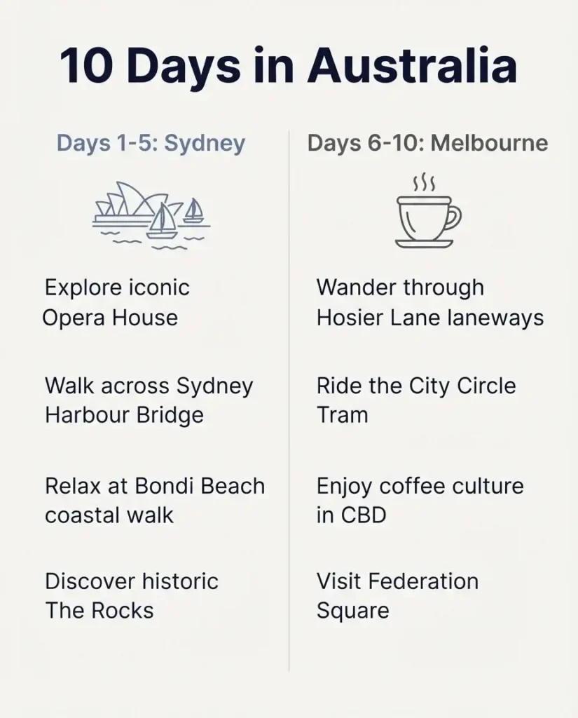 An infographic displaying a 10-day travel split between Sydney and Melbourne, showing days 1-5 for Sydney and days 6-10 for Melbourne.