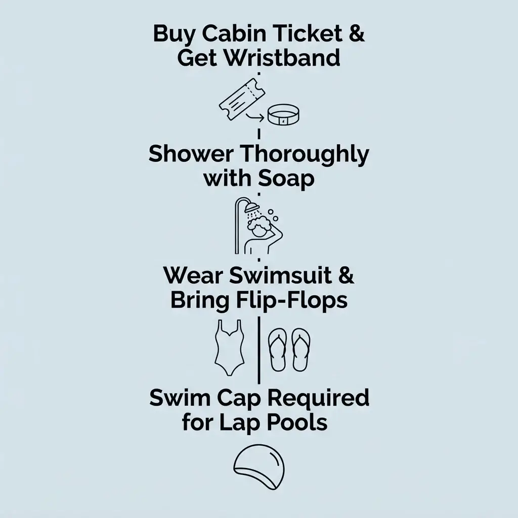 A vertical step-by-step minimalist layout infographic detailing the 4-step entry, hygiene, gear, and pool rules for the Széchenyi Thermal Baths.
