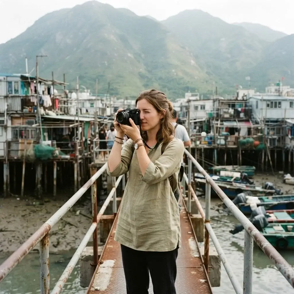 A female traveler with natural brown hair standing on a footbridge in Tai O fishing village on Lantau Island, Hong Kong, photographing traditional stilt houses over the water with a mirrorless camera.